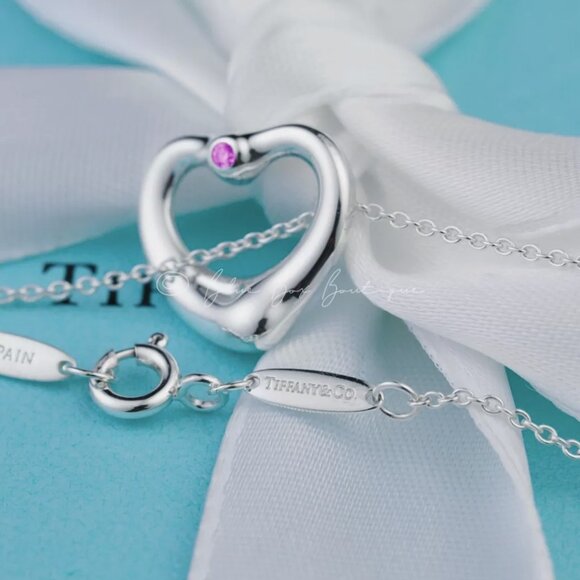 Tiffany & Co. Pink Sapphire Necklace Elsa Peretti Open Heart Pendant 16mm in Sil - Picture 5 of 6
